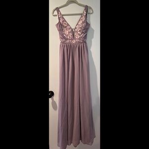 Dusty Lavender open back women’s formal dress with beautiful floral embroidery